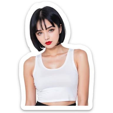 A pretty girl with black straight bob hair. She has hazel eyes with black eyeliner. She has plump red lips. She is wearing a white tank top sticker