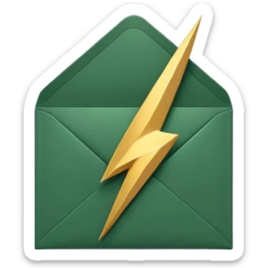 3D minimal envelope icon with small lightning bolt accent, matte finish, deep green (#0B3D2C), gold (#C9B037) lightning, Apple style, ultra minimal, soft shadow, transparent background sticker