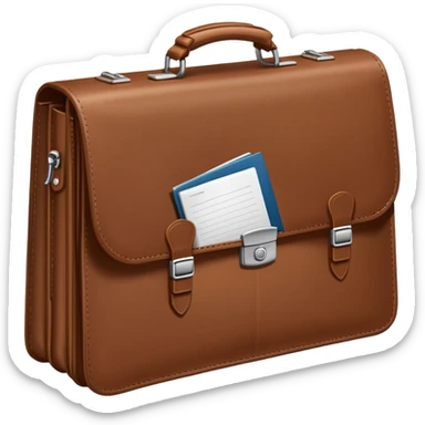  business briefcase slightly open with paper documents visible inside. sticker
