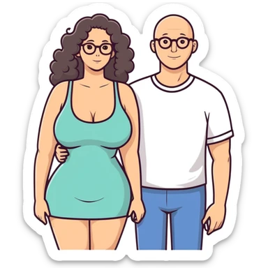 caucasian bald man with glasses and caucasian woman with no glasses, long curly dark hair and huge boobs sticker