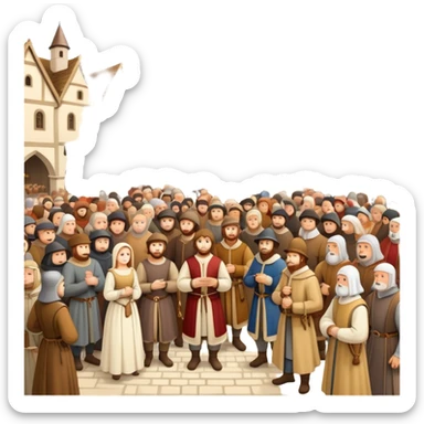 Large crowd of medieval people gathered in town square, mixture of wealthy merchants in fine clothes and commoners in simple attire sticker