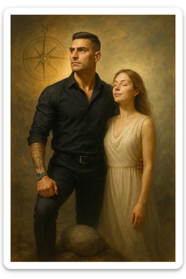 Uomo tra i 35 e i 45 anni in piedi accanto alla sua compagna, in uno spazio calmo e simbolico. Lui guarda avanti con sguardo deciso, postura ferma, braccia rilassate ma solide, mentre la donna al suo fianco si sente protetta e leggera, con un’espressione serena. Intorno all’uomo, simboli di direzione e stabilità (bussola, luce calda, pietra solida sotto i piedi). La donna ha una luce morbida attorno, come se fosse alleggerita dalla presenza maschile. Ambientazione naturale o metaforica. Stile realistico, con tocchi simbolici. Tono calmo, profondo, ispirazionale sticker
