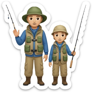 Father and son in fishing gear gesturing that they are cold, full body sticker