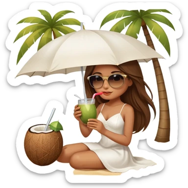 Girl with long brown hair wearing sunglasses and sipping from a coconut elegant sand and white aesthetic umbrella  sticker