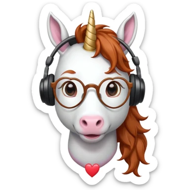 headphone wearing white unicorn with dark ginger hair and heart shaped spectacles very unicorn looking sticker