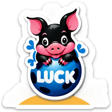 A black piglet lying on 4 balls with "luck”written on it sticker