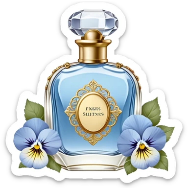 gainst a powdery blue silk backdrop, a vintage crystal perfume bottle with delicate gold filigree detailing catches the soft glow of the morning light. A silken ivory ribbon, loosely tied around its slender neck, cascades onto the fabric, creating soft folds. Scattered around the bottle, pale blue and creamy white pansies rest gently, their petals carrying hints of pearl-like shimmer. A few stray petals, kissed by the golden light, add a touch of delicate imperfection, evoking a sense of quiet romance. sticker