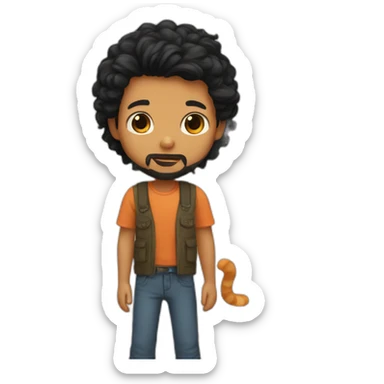 Boy with black hair and beard plaing with ginger cat sticker