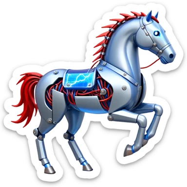fast electric horse made of electricity, metal plates, bolts, visible blue and red wires, lightning surrounding it sticker
