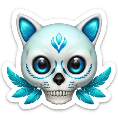 Glittery hollow-eyes cat-skull with cyan feathers sticker