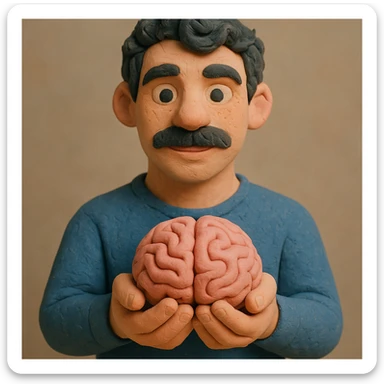 Adjust the claymation man holding a brain to have an age and facial structure between the previous two versions, with a softer expression, dark curly hair, thick mustache, light skin, claymation style with visible fingerprints and pastel colors. sticker