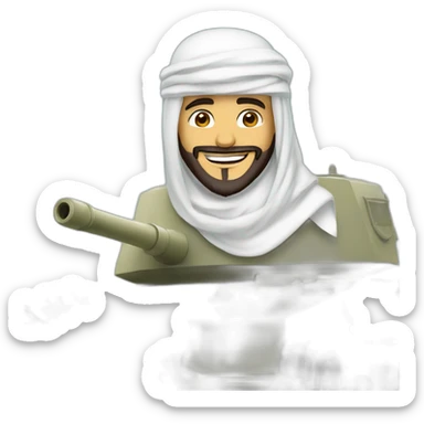 prince from Saudi Arabia with a beard in a white  shemagh national headdress riding  on a tank, smiling sticker