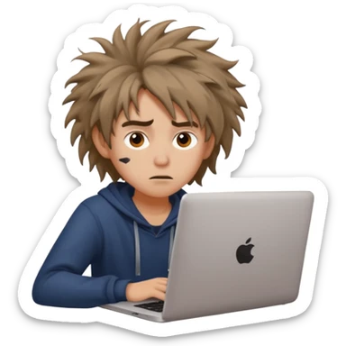 student with laptop, crazy look sticker