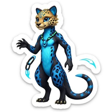 Realistic Obsidian-pitch-black fur body with neon-glowing-blue ring-markings Grem2-Gremz-Cheetah-Sergal-fusion, full body  sticker