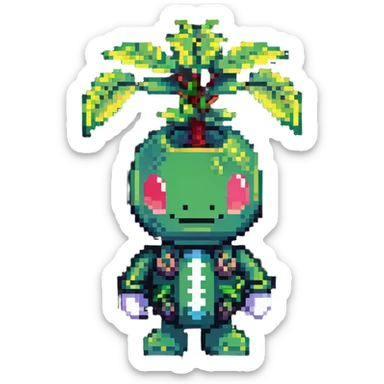 Green bomberman character, nature themed design, plant-like antenna, friendly expression, cute pixel art style sticker