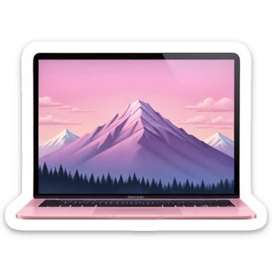 pink mac book with a light pink sky w a montain sticker