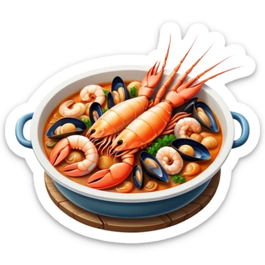Cinematic Realistic Buzara Seafood Dish Emoji, depicted as a rustic, flavorful seafood stew with shellfish rendered with rich textures and dynamic, maritime lighting. sticker