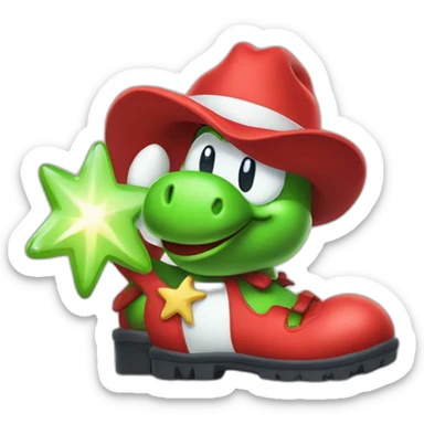yoshi wearing red boots and holding a start sign sticker