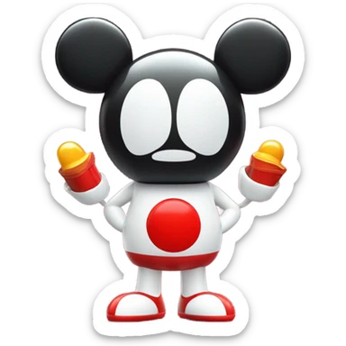 Very shiny full body character with pill capsule head with retro antennae and jetsons aesthetic  puffy body and welcoming waving Mickey Mouse arms braun Japanese inspired Anpanman with big boots and antennae red and white colors only sticker