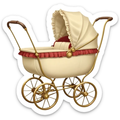 An antique baby stoller with bis wire wheels and a ruffeled bonnet sticker