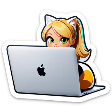 Blonde girl ponytail macBook and a cat sticker