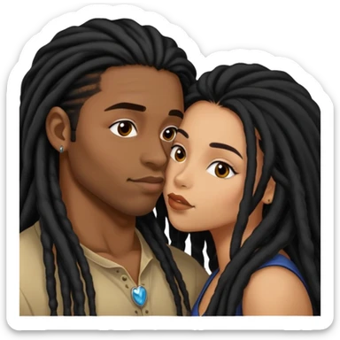Latina Woman with long hair kissing a young black guy with dreads no beard sticker