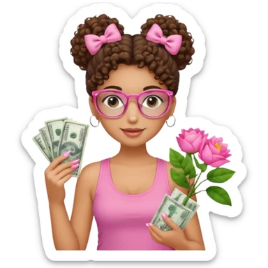 Uma menina com o cabelo cacheado com um Coque com baby hair, morena, e com uma regata rosa com um gloss na frente da regata ,com unha em gel,e com dinheiro na mão ,e com flores na outra mão,  com óculos  sticker