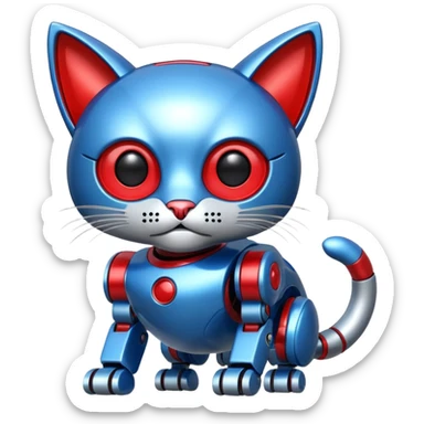 generate robot cat, glossy, realstic, red and blue color sticker