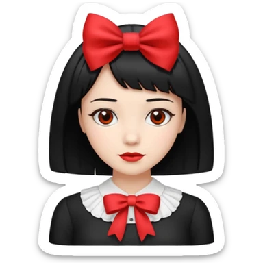 ["Fair skin female, black bob haircut, red bow clip at crown."] sticker
