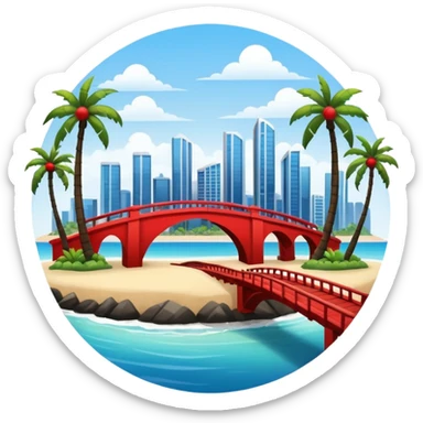 a circle island with modern buildings, a beach with palm trees in the front. also, a red bridge behind.  sticker