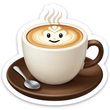 a flat white coffee without a face in a clean white coffee mug witout anyhing on it. there is latte art in the coffee sticker