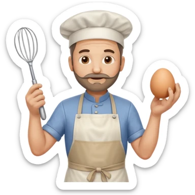 Middle aged male pastry chef - with a small beard, apron, white hat, holding an egg beater in his right hand, and his left hand naturally hanging down to his side sticker