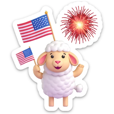 sheep emoji celebrating the Fourth of July, holding an American flag, with fireworks in the background sticker