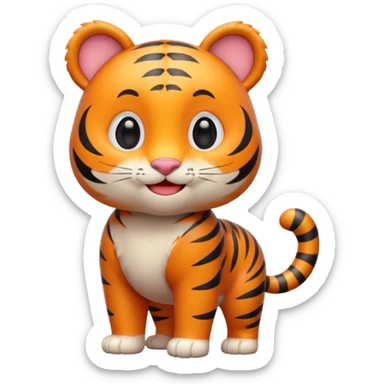 Cute tiger emoji, full body, standing pose, smiling face, big round eyes, orange fur with black stripes, chubby and adorable, short legs, small ears, 3D emoji style, smooth shading, bright colors, simple clean design, transparent background sticker