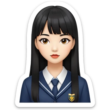 fashionable woman with Asian skin tone, long straight black hair with straight bangs, school uniform, and stylish makeup sticker