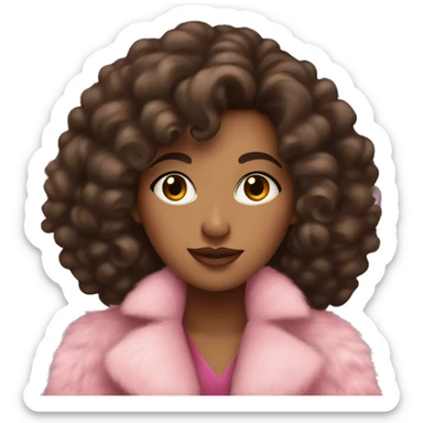 pretty brown woman with long dark curly hair and pink fur coat on and pink bow sticker