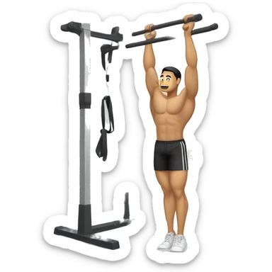 buff gym asian man full body including legs hanging from one hand from a pull up bar sticker