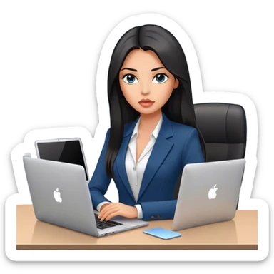 Glamours tanned very beautiful girl with pump peach lips and black straight smooth long hair, blue-grey eyes in blazer (only blazer) with MacBook in the office sticker