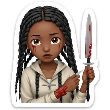 black girl with long black box braids cutting her wrists with a small blade and bleeding from it, her expression peaceful but sad sticker