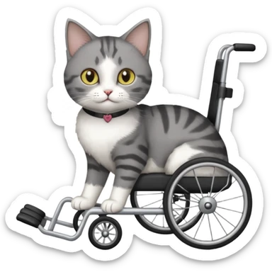 full body small short hair dark grey and white cat with hazel eyes walking in a wheelchair for cats sticker
