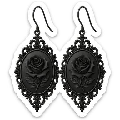 goth earrings, black rose cameo, victorian gothic style, ornate frame, detailed, elegant sticker