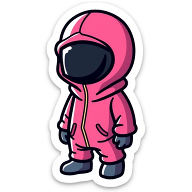 Squid Game guard with pink jumpsuit and black geometric mask sticker