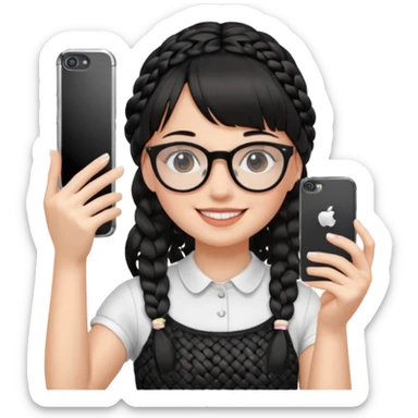 She's wearing black braided, full bangs and glasses and taking a mirror selfie with a white iPhone sticker