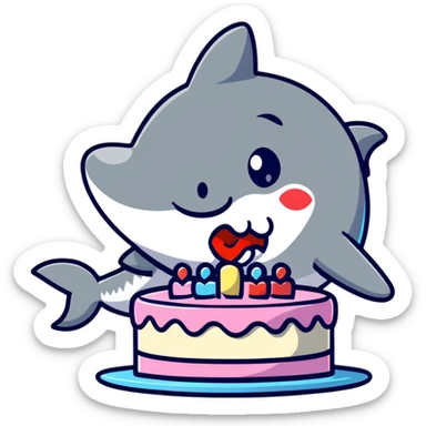 cartoon shark with lips puckered, directly kissing a frosted birthday cake sticker