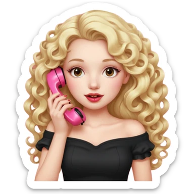 exaggerated features of woman with curly long blond hair, gossiping on a pink analogue phone, holding a tea cup, wearing an off-shoulder black top, red face sticker