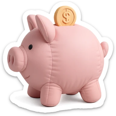 Side profile view of a pink piggy bank with a coin, 3d cartoon style, soft pastel colors, no background, gentle and muted color palette. sticker