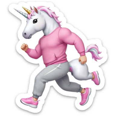 friendly anthropomorphised male white unicorn with a fit, chunky, muscular and strong physique, white arms and legs, wearing grey tracksuit pants and pink jumper, sunglasses, walking quickly sticker
