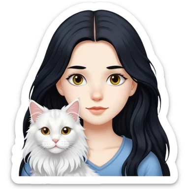 a  girl with black long hair with a white Maine coon sticker