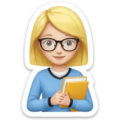 A smart and cute girl with yellow bobbed hair, wearing sky blue clothes,
I hold a book in one arm. There is a pen in the book.
He is wearing black-rimmed glasses and smiling brightly. sticker