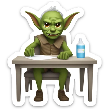 goblin at desk with a bottle of lotion and tissue box on it sticker